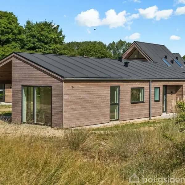 Et moderne træhus med store vinduespartier står i en naturlig omgivelser med græs og træer, under en blå himmel med få skyer.