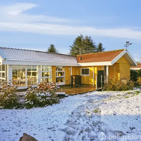 Et gult hus med store vinduer står på en snedækket græsplæne omgivet af buske, i et område med få træer under en blå himmel.