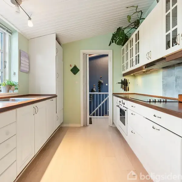 Køkken med hvide skabe og træbordplader, plante ovenpå skabene. Store vinduer til venstre lukker lys ind. En enkelt dør fører til en trappeopgang i baggrunden.