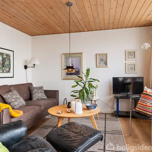 Brun sofa med farverige puder står ved hvid væg med billeder, under træloft. Ved siden af er et rundt sofabord med planter og dekoration. Et TV står på et lille bord ved et vindue.