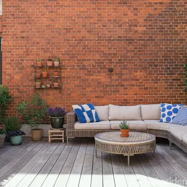 En hjørnesofa med blå og hvide puder står på en træterrasse foran en murstensvæg. Omkring sofaen findes flere potteplanter, og en rund kaffebord står foran.