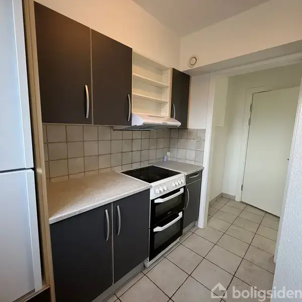 Komfur med ovn står i et køkken, omgivet af mørke skabe og lyse fliser på væggen. En emhætte er placeret over komfuret, og der er en lukket dør i baggrunden.