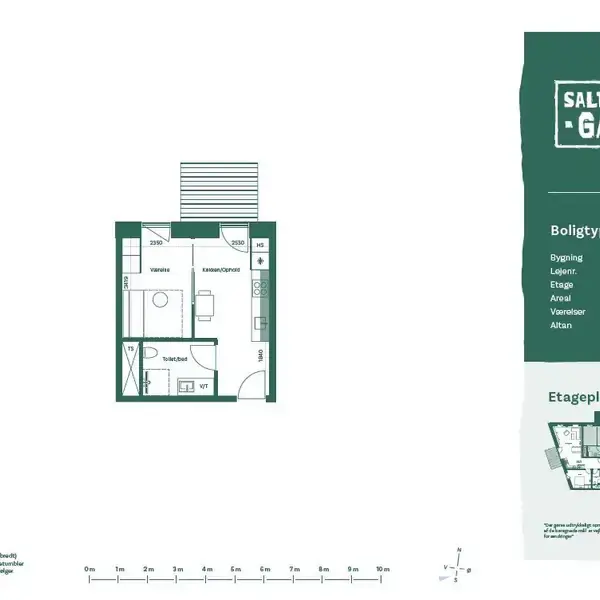 Plantegning viser en lejlighed med entré, stue/køkken og badeværelse; del af større bygning. Tekst: "Saltholmsgade", "Boligtype 11.2", "Bygning 1", "Lejlighed 112", "Etage 1. sal", "Areal 58 m²", "Værelser 3", "Altan 5 m²".