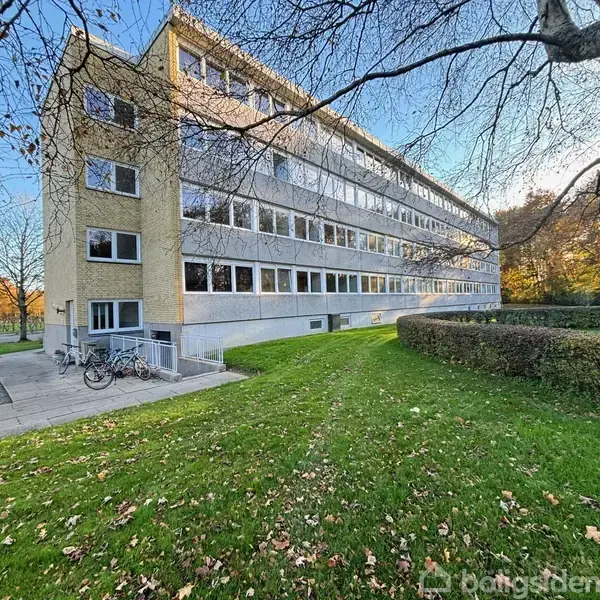 Lejlighedsbygning i tre etager, omgivet af græs og træer. Cykler står ved indgangen, og det er en solrig dag med blå himmel.