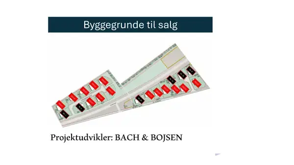 Byggegrunde vist i et diagram med lysegrønne grunde og røde bygninger i et planlagt boligområde. Tekst: "Byggegrunde til salg" og "Projektudvikler: BACH & BOJSEN".
