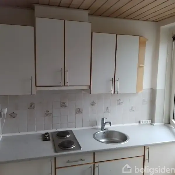 Køkken med hvide skabe, kogeplader og en rund vask. Fliser med små motiver på væggen. Store vinduer til højre giver naturligt lys. Ingen tekst på fliserne.