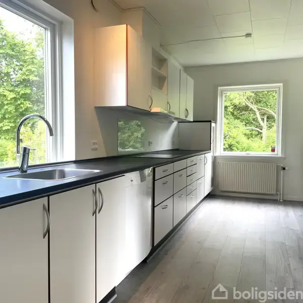 Et moderne køkken med hvide skabe og sorte bordplader. En vandhane er i venstre side over vasken. Lyset strømmer ind fra to vinduer med udsigt til grønne træer.