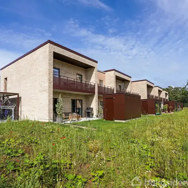 Et rækkehus i moderne design med flade tage og store altaner står i grønne omgivelser med græs og vildtvoksende planter. Baggrunden viser blå himmel og træklynger.