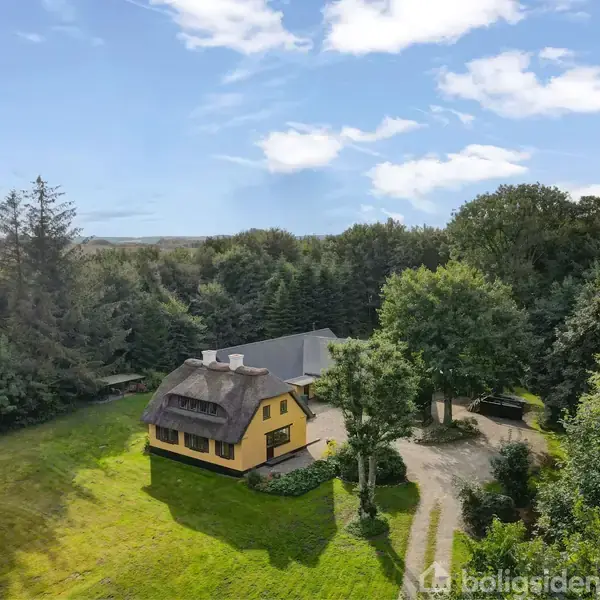 Stråtækt gul bygning står stille omgivet af skov og græsarealer under en klar, blå himmel med spredte skyer. Sti fører til huset gennem frodig vegetation.