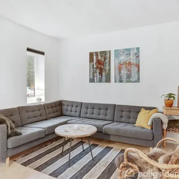 Grå hjørnesofa står i en lys stue med hvide vægge og to farverige malerier. Rundt sofabord og stribet tæppe. Kurvestol og grøn plante skaber en hyggelig atmosfære.