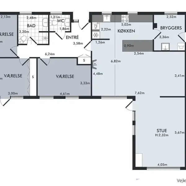 Plantegning viser en bolig med entré, stue, køkken, bryggers, bad, WC og tre værelser. Mål er angivet: Værelse (3,39m x 3,00m), Stue (5,67m x 4,05m). "Vejledende plantegning uden ansvar."