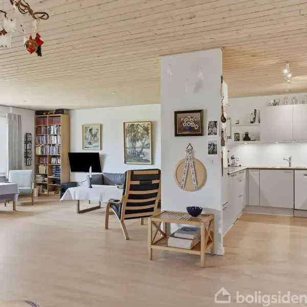 Stue med trægulv og træloft, indrettet med sofaer omkring et sofabord, flere billeder på væggen, bogreol og fjernsyn. Køkken til højre med hvide skabe og moderne belysning.