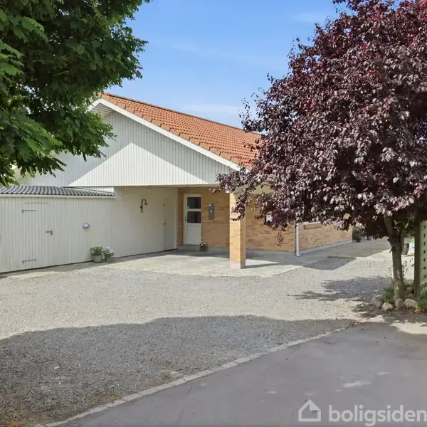 Hus med hvid facade og rødt tegltag står bag en gruset gårdsplads. En stor træ, delvist rødligt, vokser tæt ved huset. Klar blå himmel i baggrunden.