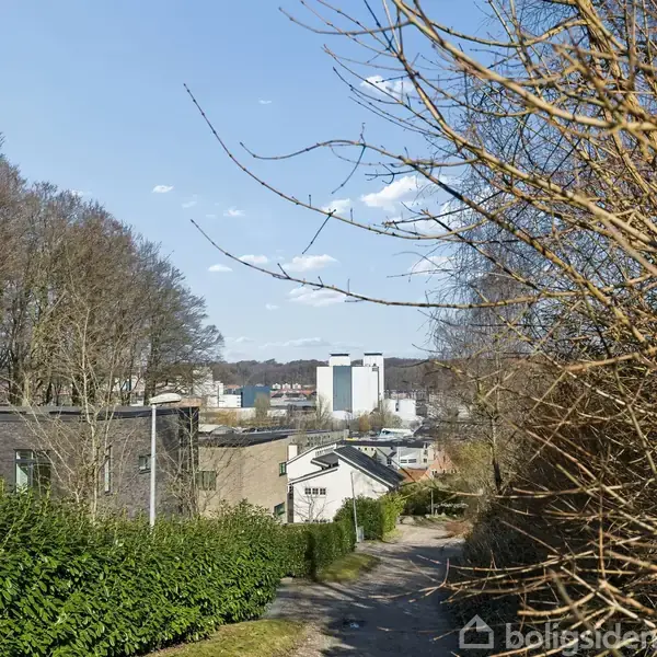 En snoet vej løber mellem grønne hække og nøgne træer. I baggrunden ses et byområde med forskellige bygninger, omgivet af skov. Himlen er klar med få skyer.
