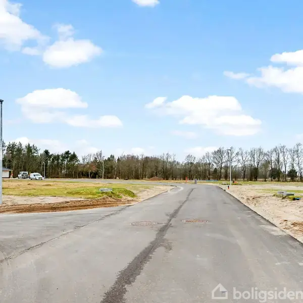 En asfalteret vej strækker sig mod horisonten med gadelamper på begge sider, omgivet af åbne marker og skov i baggrunden under en blå himmel med få skyer.