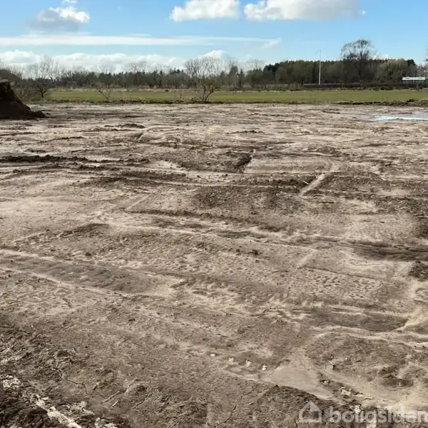 Jord med traktormærker ligger i en rydningsproces. Omkringliggende trær og græs signalerer et åbent, naturligt område med skov i baggrunden.