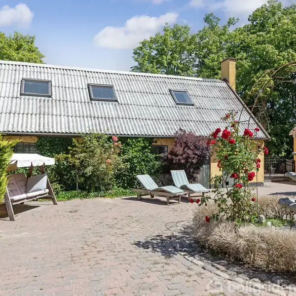Hus med gråt tag og gule vægge står i en gårdhave med to liggestole og en parasol. Omkring er der grønne træer, en springvand og blomstrende roser.