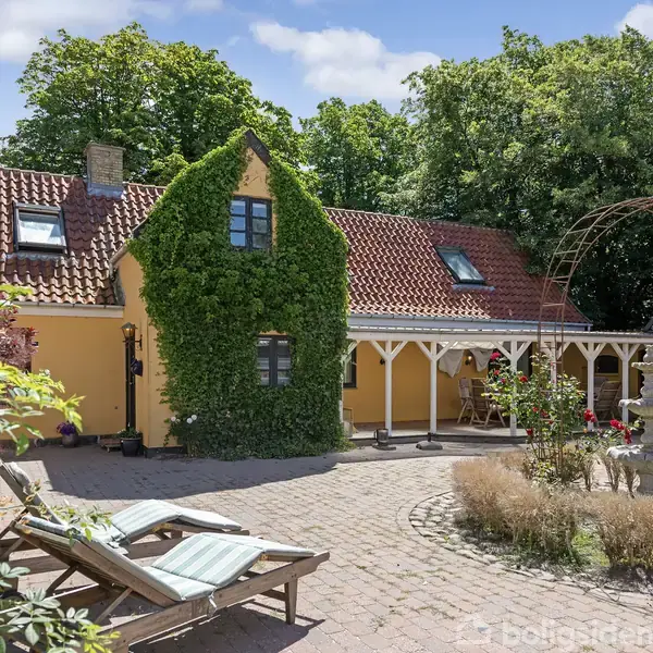Gulmalet hus med rødt tegltag, dækket af grøn klatreplante, står i en brostensbelagt gårdhave. To liggestole i forgrunden, omgivet af blomstrende planter og træer.