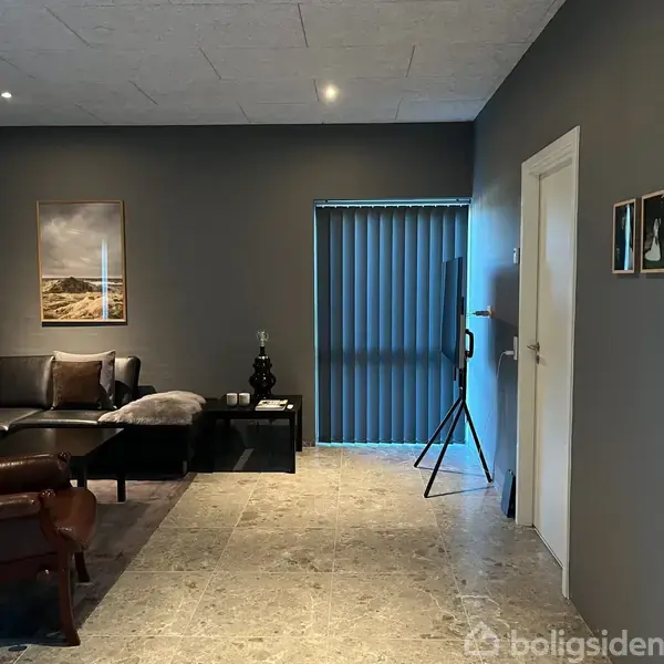Sofa står ved væggen med et maleri hængende over. Et bord med lampe og krus ved siden af. Fjernsyn på stativ er tæt på mørke persienner i stuen.