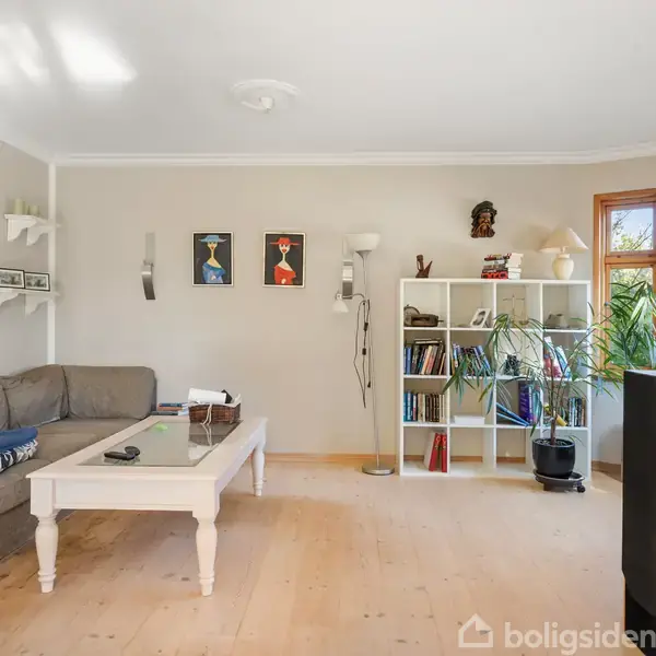 En stue med en grå sofa til venstre. Et hvidt sofabord foran sofaen rummer en fjernbetjening. På væggen hænger tre små malerier. En reol med bøger og planter står ved siden af to vinduer til højre.
