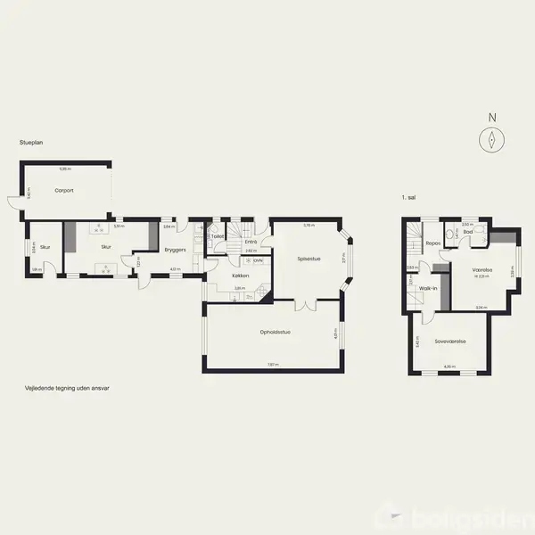 Plantegning viser husets layout: stueplan har carport, skur, bryggers, toilet, entre, køkken, spisestue og opholdsstue; 1. sal har repos, værelse, walk-in og soveværelse. Compass viser nord.