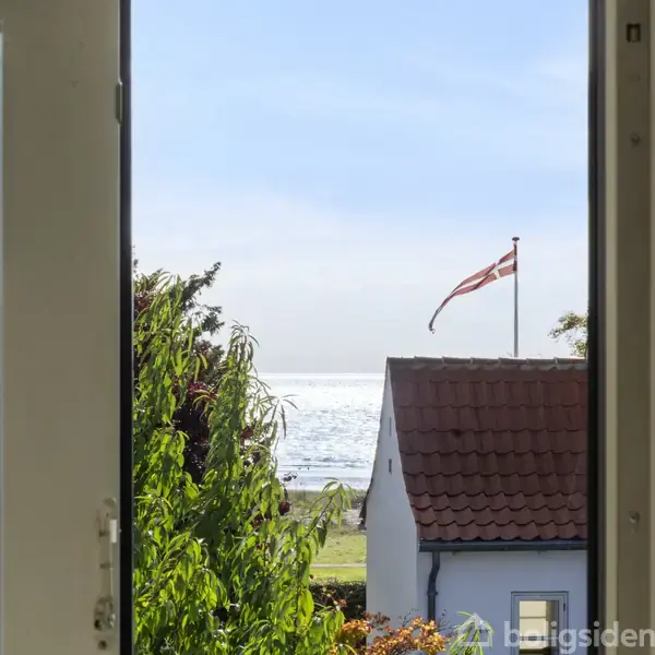 Udsigt gennem et vindue til en have med frodige træer, et hus med rødt tag, og et Dannebrog flag, i nærheden af en kystlinje med hav i baggrunden.