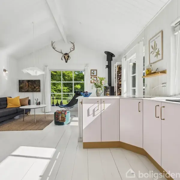 Et lyst stueområde med hjortegevir på væggen viser et hjørnekøkken i hvidt, tæt på store vinduer. En sort brændeovn står til højre ved siden af en sofa.