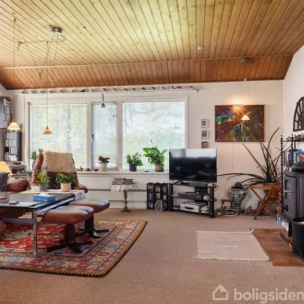 Stue med sofa og lænestole omkring et lavt bord; et brændekomfur i hjørnet. Kæmpe vinduer med planter og TV-stativ ved siden af. Tæppe på gulvet skaber hygge.