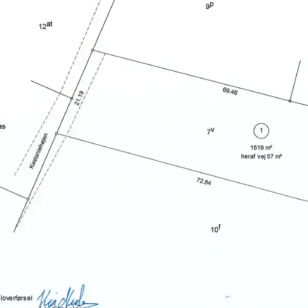 Landkort viser matrikel nr. 7v, Sorø By, Udby, på 1519 m². Grænserne er markeret med mål: 69,46, 72,84, og 21,77. Signatur nederst. Dato: 10-04-2026.