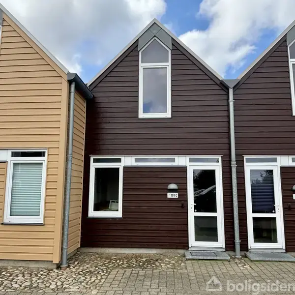 Brunmalet rækkehus med hvide dør- og vinduesrammer, ligger mellem to andre huse. Huset har store vinduer og indgangsdøren har husnummer "161C" ved siden af. Himmel med skyer i baggrunden.