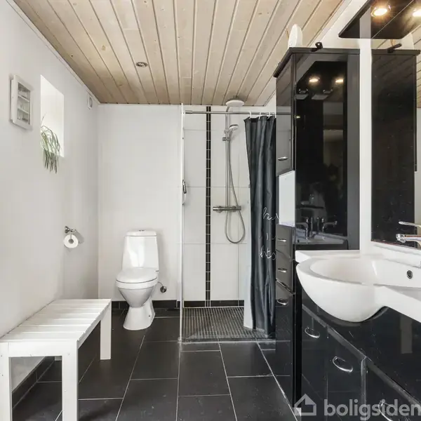 Badeværelse med sort flisegulv. En bruser og toilet er adskilt med en glasvæg. Håndvask med skab og spejl er ved siden af. Lyse vægge og træloft skaber et moderne look.