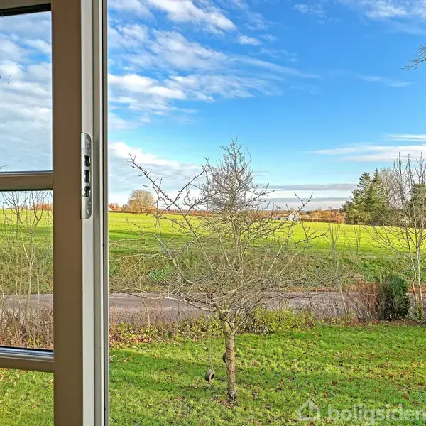 Et åbent vindue viser en grøn have med et lille træ, beliggende ved en rolig vej. I baggrunden ses marker og en række træer under en blå himmel med skyer.