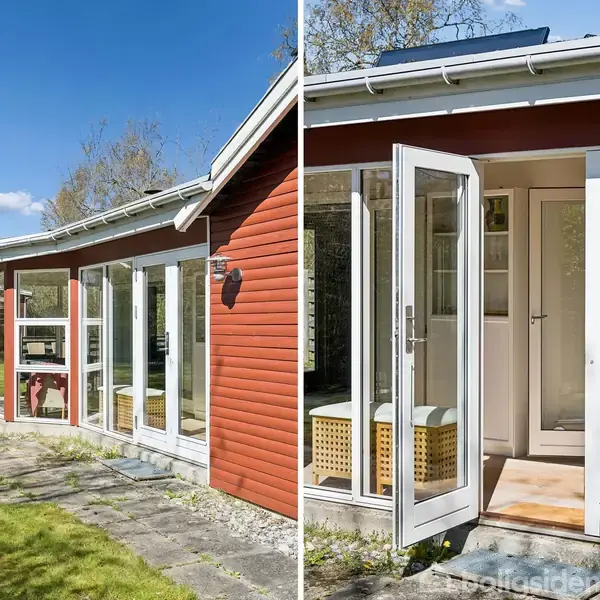 Rødt træhus med store vinduer står stille i en grøn have. Sollys skinner på glasset, og døre står åbne, hvilket giver et indbydende indtryk.
