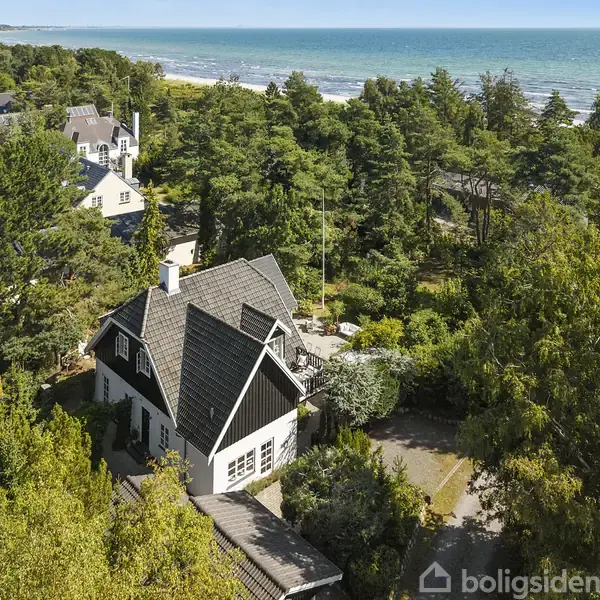 Hus med stejlt tag ligger omgivet af træer nær kysten. Flere huse er synlige mellem bevoksningen, og havet strækker sig i horisonten. Stemningen er fredelig og naturskøn.