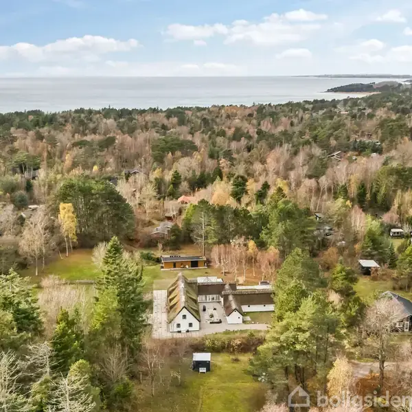 Hus ligger blandt træer i en skovklædt område, med udsigt over vand og kyst i baggrunden under en blå himmel.