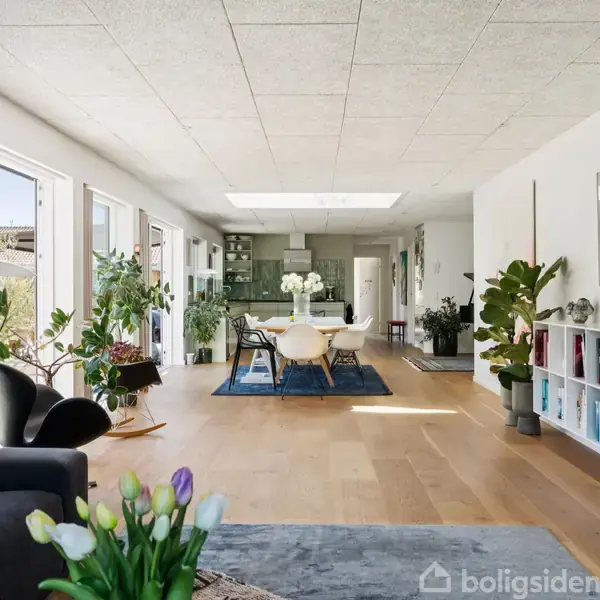 Stue med spisebord i midten, omgivet af grønne planter. Store vinduer til venstre skaber lys og rummelighed. Reol med bøger på højre væg. Tulipaner i forgrunden.