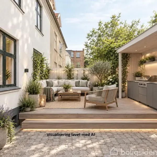 Terrasse med træmøbler og planter optræder afslappet i et solrigt gårdmiljø foran et hus. Køkkenområde med grill under halvtag. Tekst: "Visualisering lavet med AI".