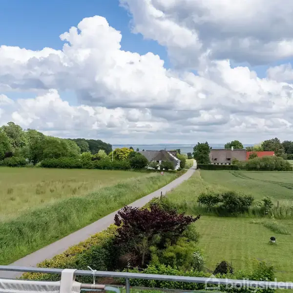 En lang sti strækker sig gennem en grøn mark med buske og træer, under en blå himmel med hvide skyer. I baggrunden ses huse og skov.