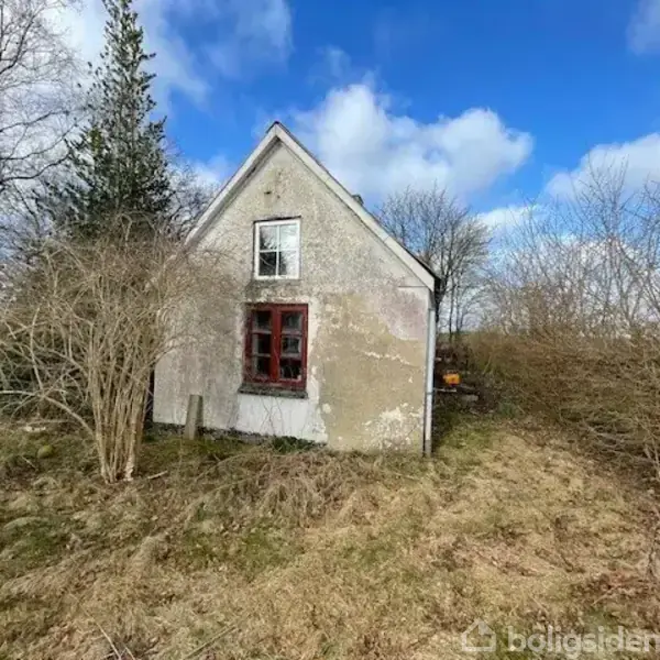 Et lille, ældre hus står stille i en overgroet have med buske omkring. Huset har en gulnet facade og røde vinduesrammer under en blå himmel.