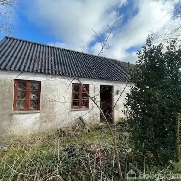 Et lille, forladt hus uden synlig vedligeholdelse står blandt overgroede planter og træer. Huset har et sort tag og brune vinduer. Himlen er blå med skyer.
