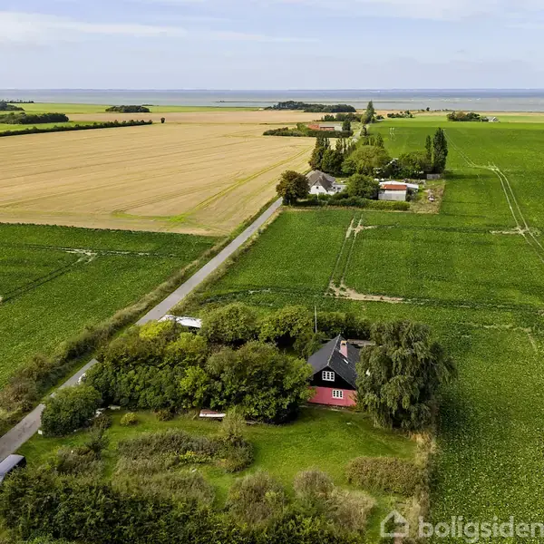 Huset står stille blandt grønne marker. Det ligger omgivet af en frodig have. I baggrunden ses vidtstrakte marker og havet i horisonten. Ingen tekst fundet.