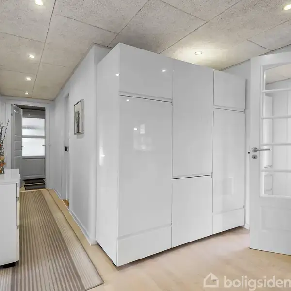 Hvidt indbygget skab står langs væg i entré, omgivet af trædør med glasruder og tæppe på trægulv, fører til gang med skabsplads og lysloft.