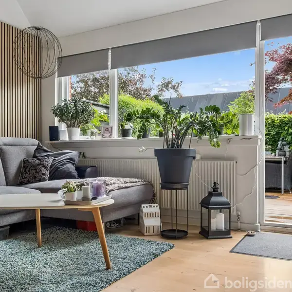 Grå sofa med puder står ved stort vindue i stue, omgivet af planter og lanterne. Vindue åbent mod terrasse med grønne planter og træer i haven.
