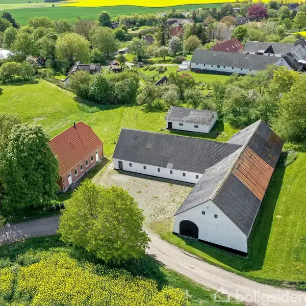 Landsbygninger omgivet af marker og træer, herunder flere store lader og boliger. Veje snor sig gennem landskabet, og de omkringliggende marker er i klar gul blomst.