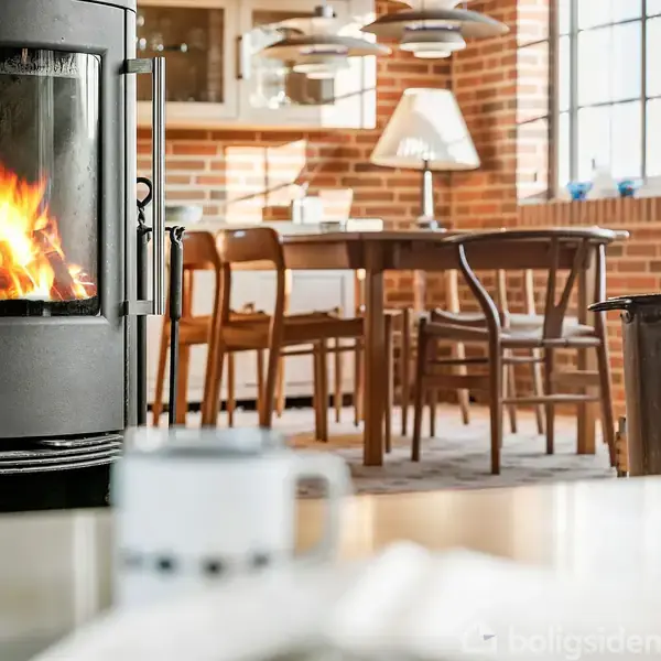 Brændeovn brænder kraftigt i en stue med murstensvægge. I baggrunden ses et spisebord med træstole og en lampe. En sløret kop står tættere på kameraet.