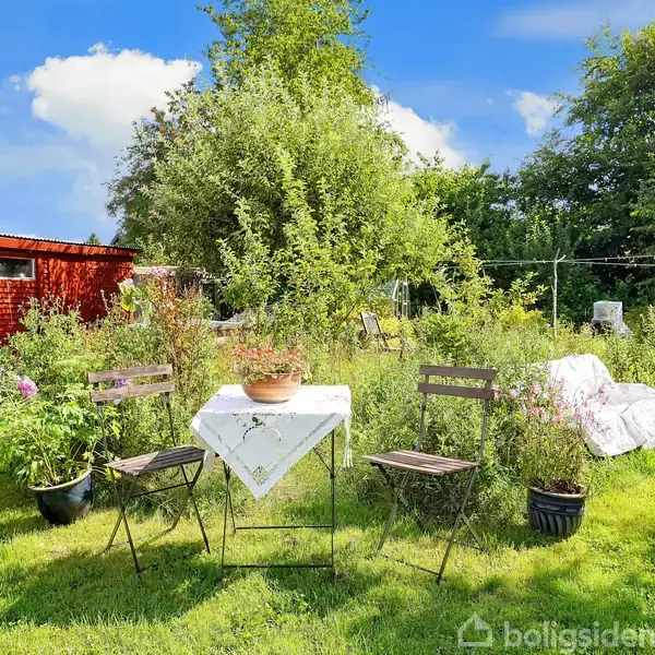 Et lille havebord med en hvid dug og en blomsterkrukke står omgivet af fire stole på en græsplæne. En rød skurbygning og grønne buske udgør baggrunden.