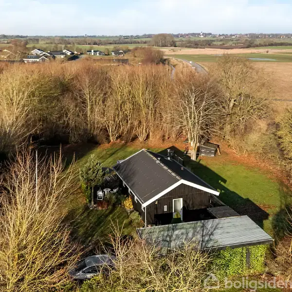 En mørk træhytte ligger stille omgivet af tæt skov og åbne marker i en landlig og rolig region. Det flade tag er dækket med mos-lignende materiale.