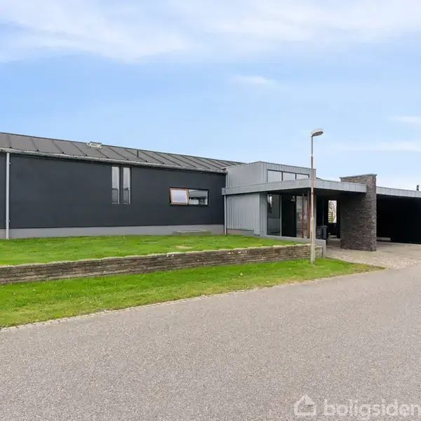 En moderne, mørk villa med fladt tag står stille ved en stille vej. Huset har en integreret garage og omgives af en velplejet græsplæne, med buske i baggrunden.