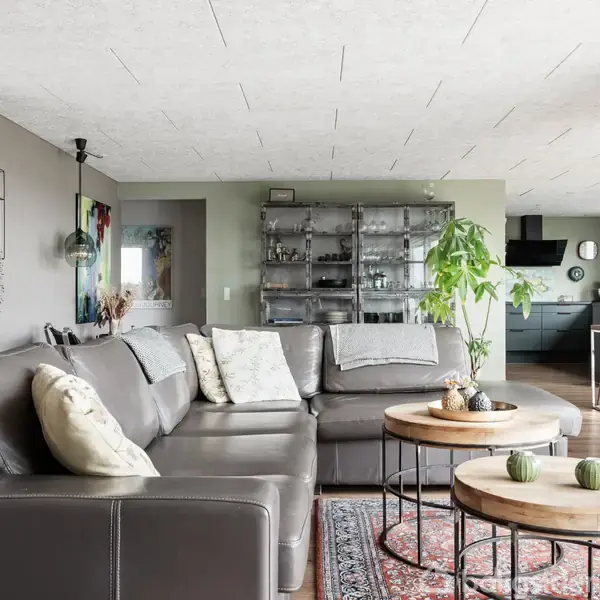 Grå hjørnesofa fyldt med puder står i stue. Runde træborde foran, dekoreret med planter og lys. Baggrund indeholder glasreol og et moderne køkken med lysegrønne vægge.