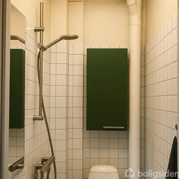 Bruser med moderne hoved i højre vinkel, omringet af hvide fliser. Ved siden af ses et mørkegrønt skab med en lang, vandret håndtag. Vandrette rør er installeret langs væggen.